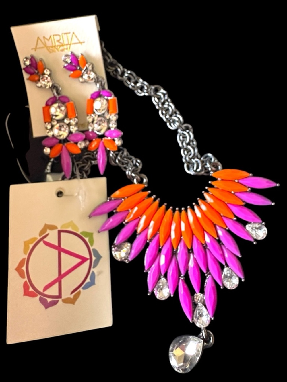 Amrita Singh JOAN BIB Statement Necklace with Dangle Earrings Orange Fuchsia